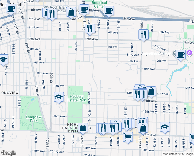map of restaurants, bars, coffee shops, grocery stores, and more near 1103 25th Street in Rock Island