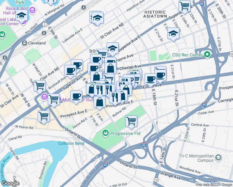 map of restaurants, bars, coffee shops, grocery stores, and more near in Cleveland