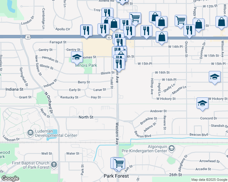 map of restaurants, bars, coffee shops, grocery stores, and more near 209 Todd Street in Park Forest