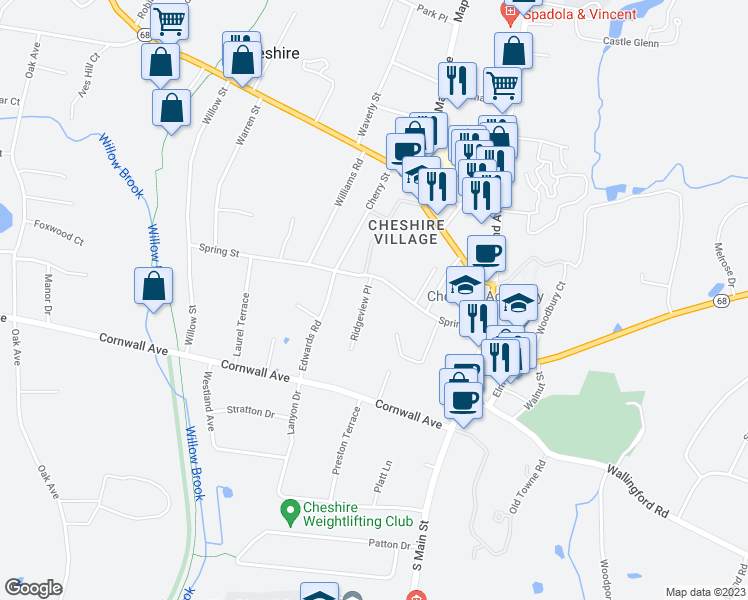 map of restaurants, bars, coffee shops, grocery stores, and more near 20 Ridgeview Place in Cheshire