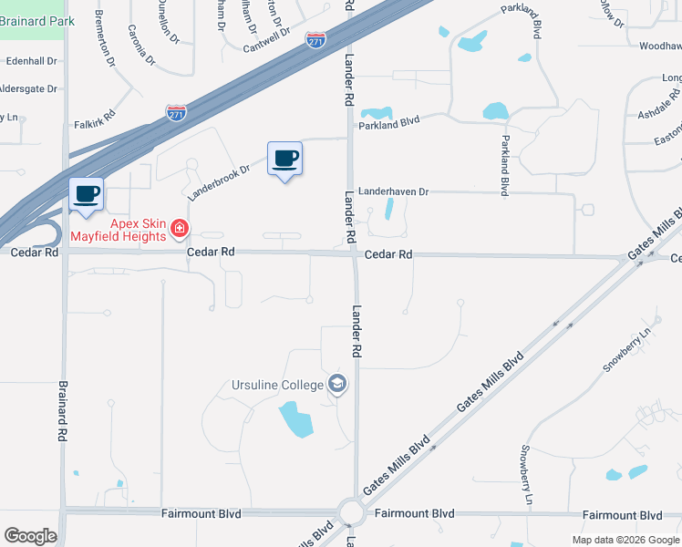 map of restaurants, bars, coffee shops, grocery stores, and more near 2412 Lander Road in Cleveland