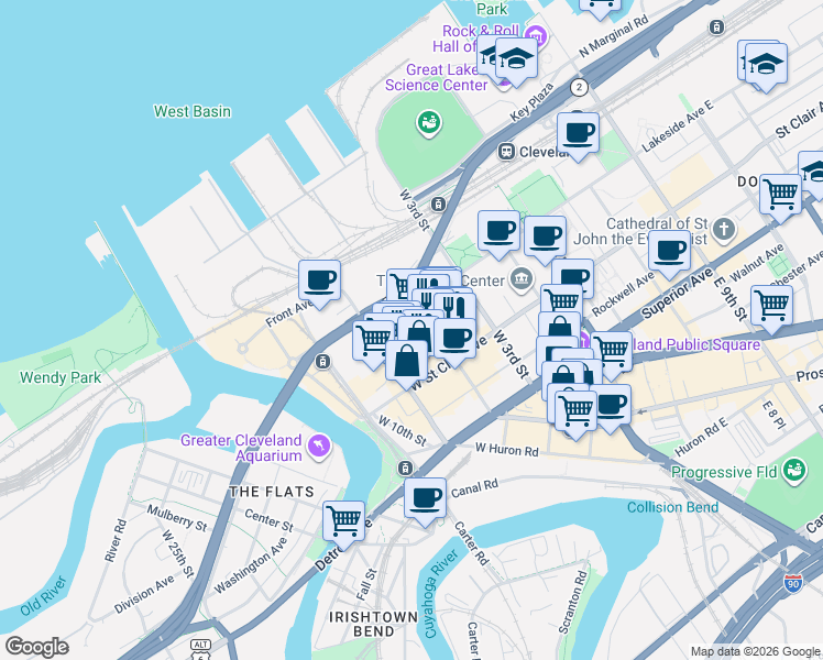 map of restaurants, bars, coffee shops, grocery stores, and more near in Cleveland