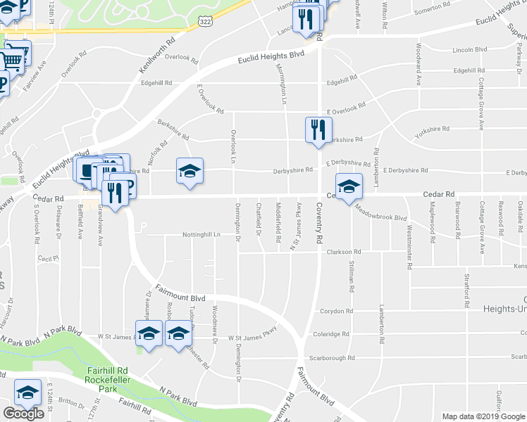map of restaurants, bars, coffee shops, grocery stores, and more near 2171 Chatfield Drive in Cleveland Heights