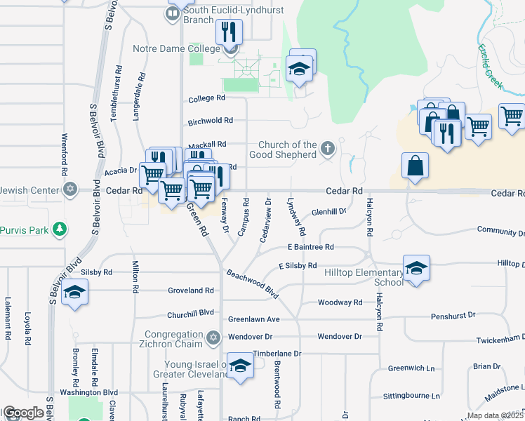 map of restaurants, bars, coffee shops, grocery stores, and more near 2132 Cedarview Drive in Beachwood