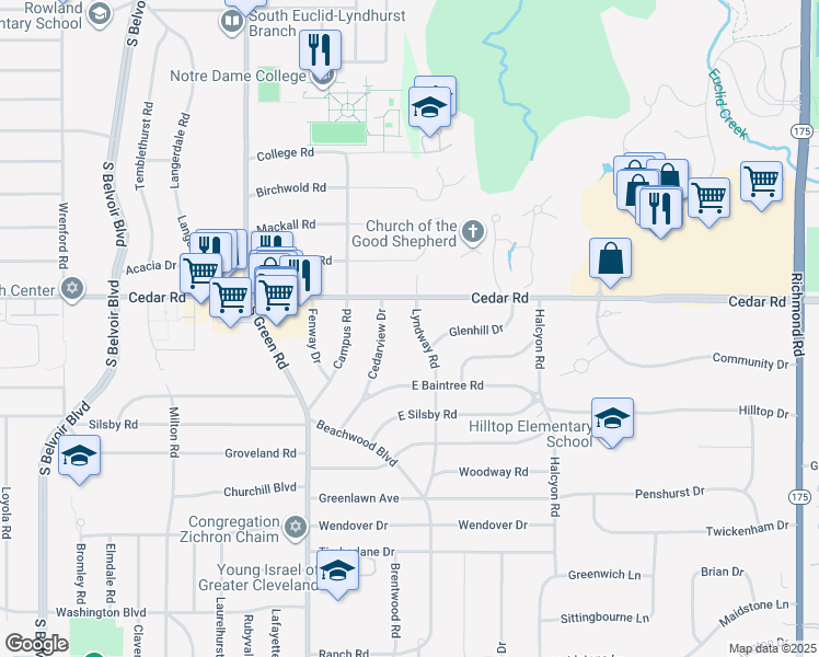 map of restaurants, bars, coffee shops, grocery stores, and more near 2130 Lyndway Road in Beachwood