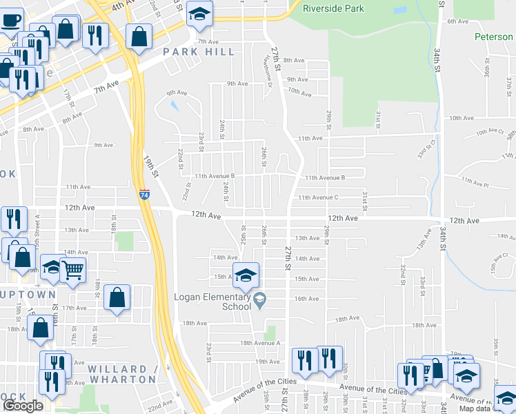 map of restaurants, bars, coffee shops, grocery stores, and more near 1189 26th Street in Moline