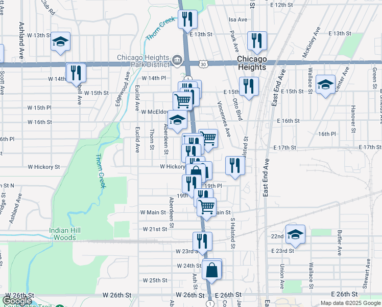 map of restaurants, bars, coffee shops, grocery stores, and more near 1658 Vincennes Avenue in Chicago Heights