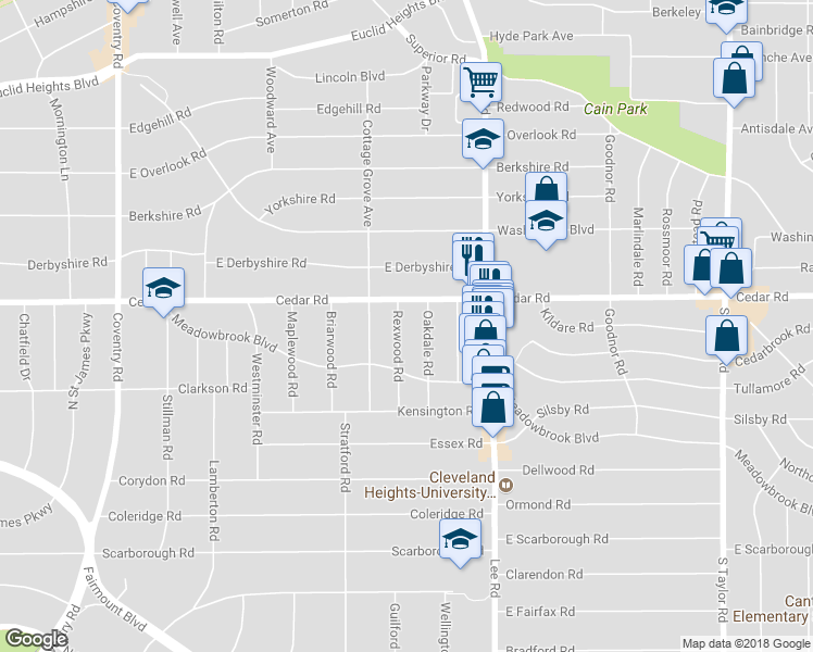 map of restaurants, bars, coffee shops, grocery stores, and more near 2175 Rexwood Road in Cleveland Heights