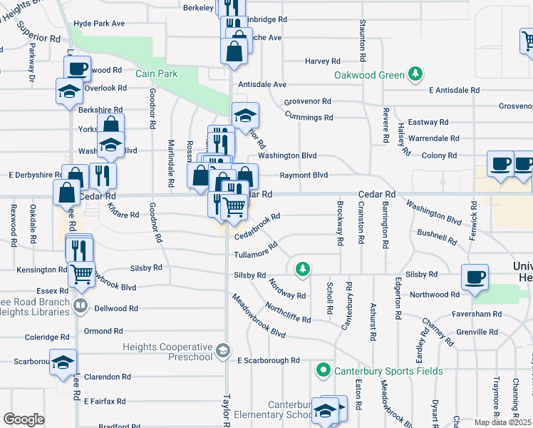 map of restaurants, bars, coffee shops, grocery stores, and more near 3521 Cedarbrook Road in Cleveland Heights