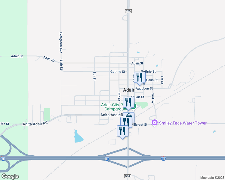 map of restaurants, bars, coffee shops, grocery stores, and more near 504 7th Street in Adair