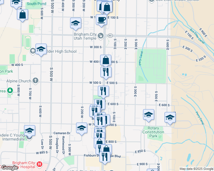 map of restaurants, bars, coffee shops, grocery stores, and more near 505 South Main Street in Brigham City