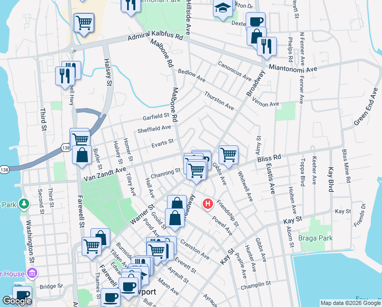 map of restaurants, bars, coffee shops, grocery stores, and more near 17 Summer Street in Newport