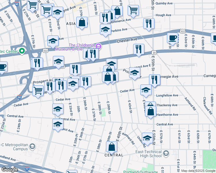 map of restaurants, bars, coffee shops, grocery stores, and more near 3854 Carnegie Avenue in Cleveland