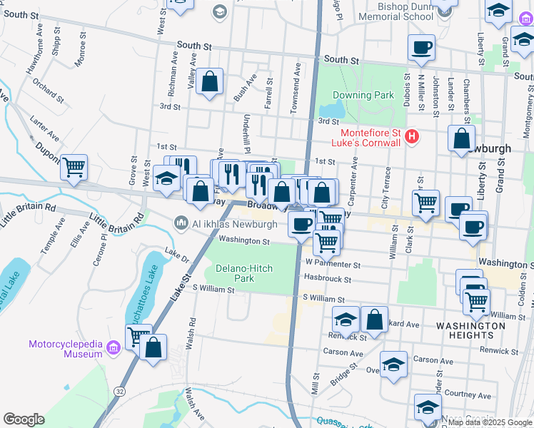 map of restaurants, bars, coffee shops, grocery stores, and more near 345 Broadway in Newburgh