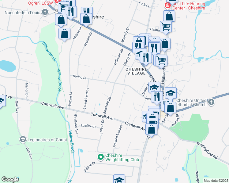 map of restaurants, bars, coffee shops, grocery stores, and more near 122 Edwards Road in Cheshire