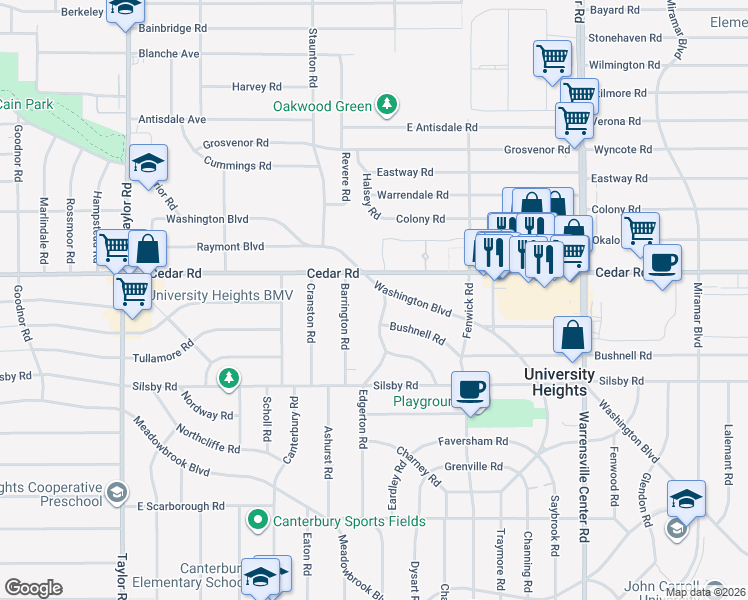 map of restaurants, bars, coffee shops, grocery stores, and more near 2175 Barrington Road in University Heights