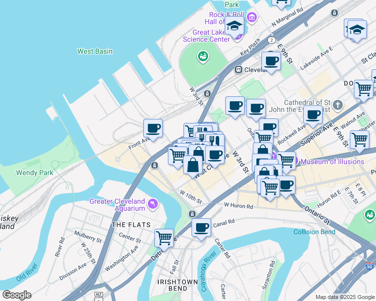 map of restaurants, bars, coffee shops, grocery stores, and more near 711 West Lakeside Avenue in Cleveland