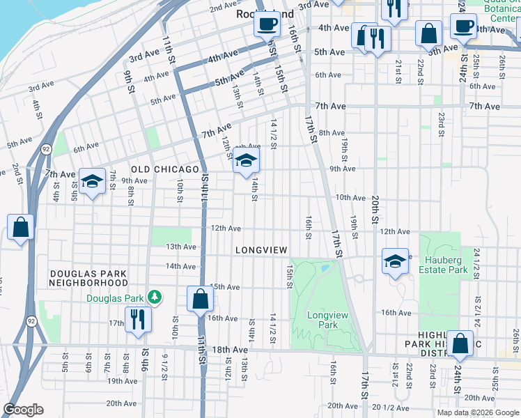 map of restaurants, bars, coffee shops, grocery stores, and more near 1021 14th Street in Rock Island
