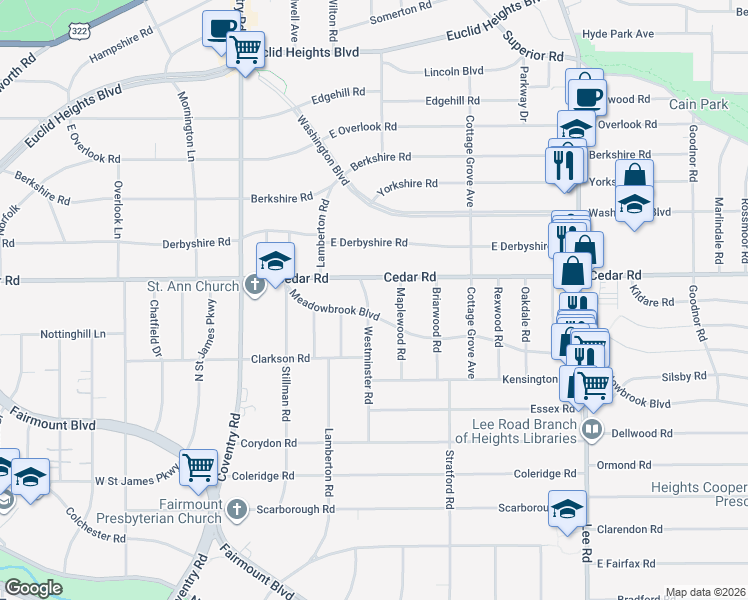 map of restaurants, bars, coffee shops, grocery stores, and more near 2171 Westminster Road in Cleveland Heights