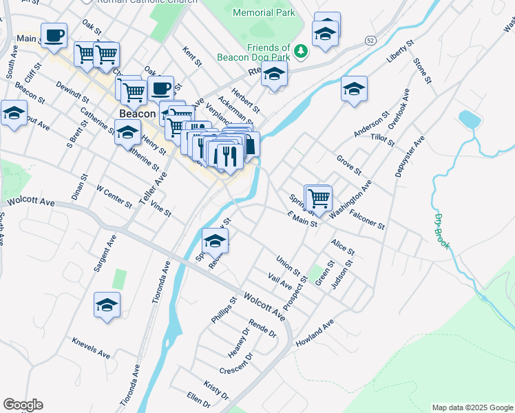 map of restaurants, bars, coffee shops, grocery stores, and more near 50 Spring Valley Street in Beacon