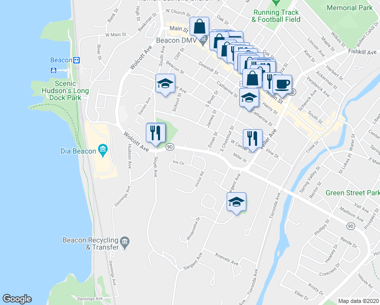 map of restaurants, bars, coffee shops, grocery stores, and more near 1 Jordan Road in Beacon