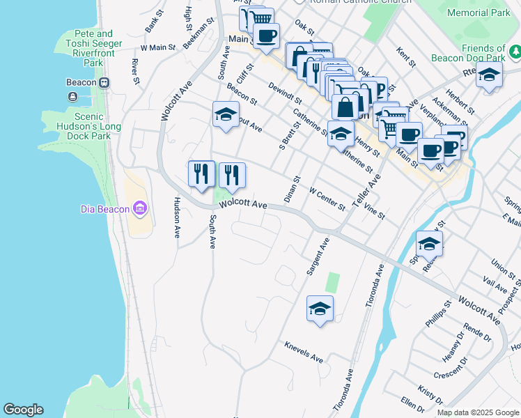 map of restaurants, bars, coffee shops, grocery stores, and more near 1 Jordan Road in Beacon