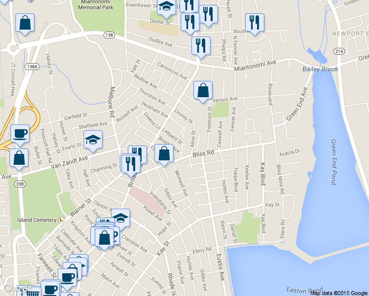 map of restaurants, bars, coffee shops, grocery stores, and more near 20 Ledyard Street in Newport