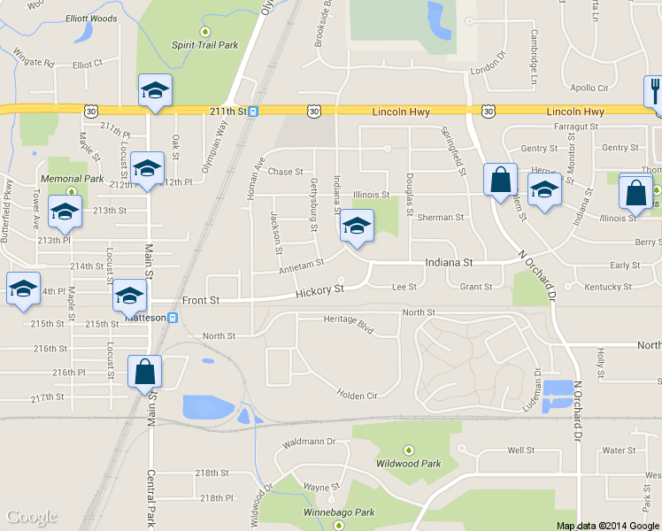 map of restaurants, bars, coffee shops, grocery stores, and more near 507 Antietam Street in Park Forest