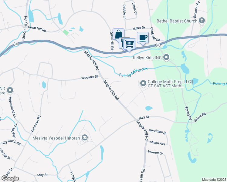 map of restaurants, bars, coffee shops, grocery stores, and more near 156 Maple Hill Road in Naugatuck