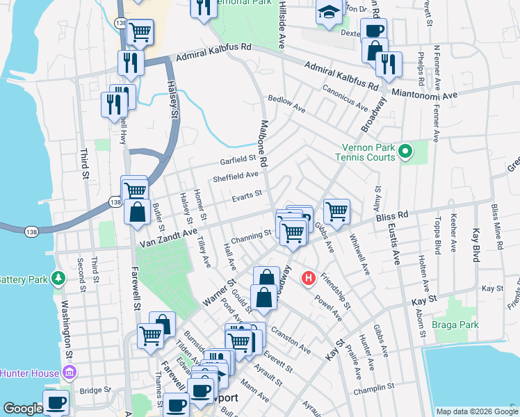 map of restaurants, bars, coffee shops, grocery stores, and more near 22 Summer Street in Newport