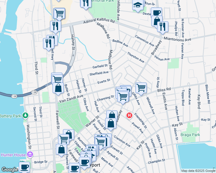 map of restaurants, bars, coffee shops, grocery stores, and more near 130 Van Zandt Avenue in Newport