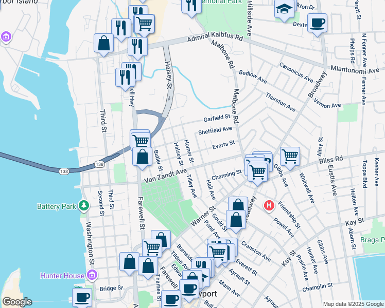 map of restaurants, bars, coffee shops, grocery stores, and more near 16 Homer Street in Newport