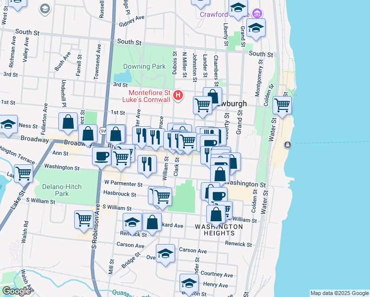map of restaurants, bars, coffee shops, grocery stores, and more near 168 Broadway in Newburgh