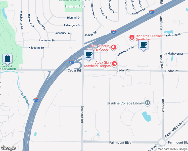 map of restaurants, bars, coffee shops, grocery stores, and more near 28700 Cedar Road in Pepper Pike