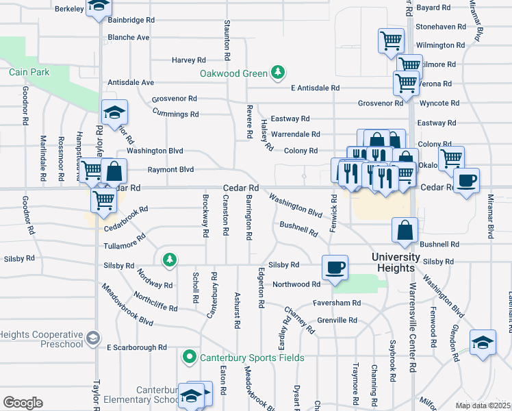 map of restaurants, bars, coffee shops, grocery stores, and more near 2175 Barrington Rd in University Heights