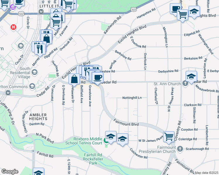 map of restaurants, bars, coffee shops, grocery stores, and more near 2493 Fairmount Boulevard in Cleveland Heights