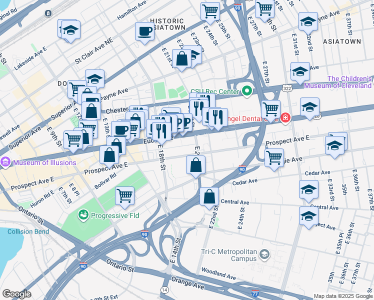 map of restaurants, bars, coffee shops, grocery stores, and more near in Cleveland
