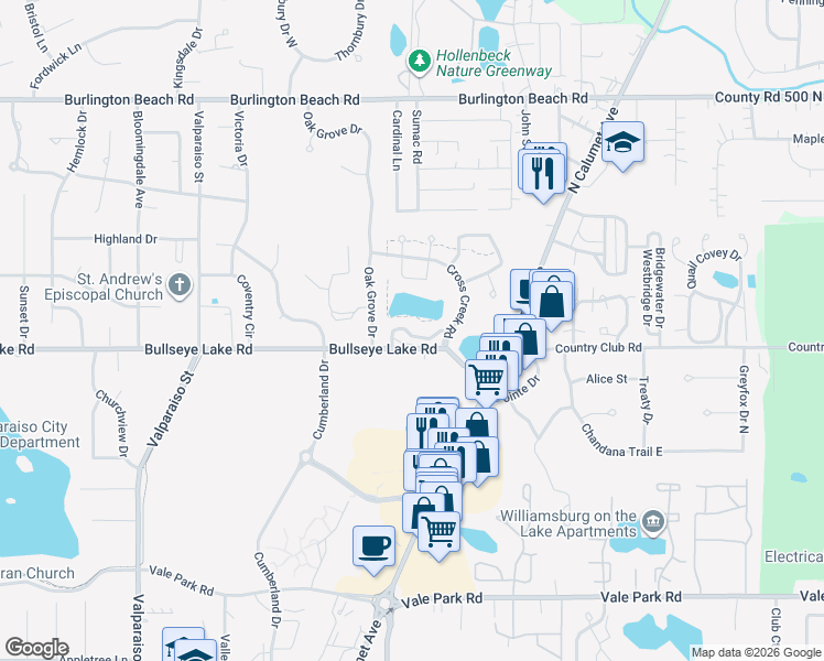 map of restaurants, bars, coffee shops, grocery stores, and more near 16 Winding Ridge Lane in Valparaiso