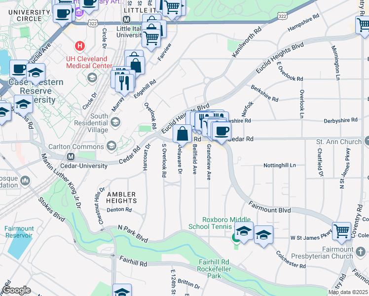 map of restaurants, bars, coffee shops, grocery stores, and more near 2169 Delaware Drive in Cleveland Heights