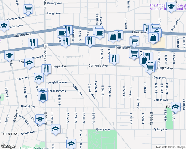map of restaurants, bars, coffee shops, grocery stores, and more near 6706 Cedar Ave in Cleveland
