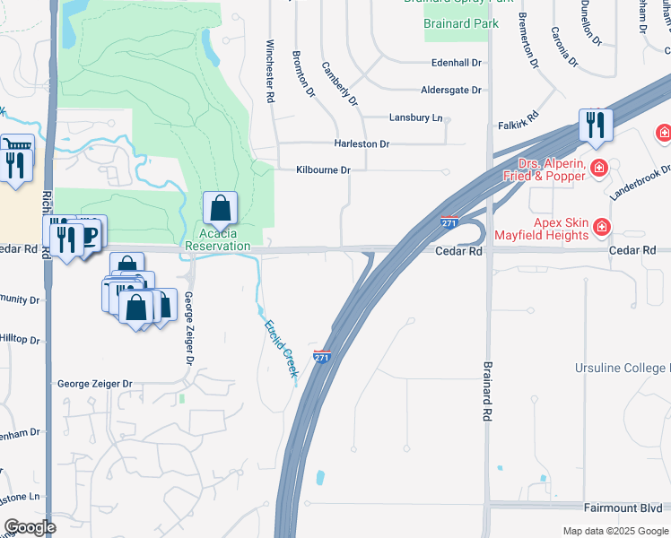 map of restaurants, bars, coffee shops, grocery stores, and more near 27500 Cedar Road in Beachwood