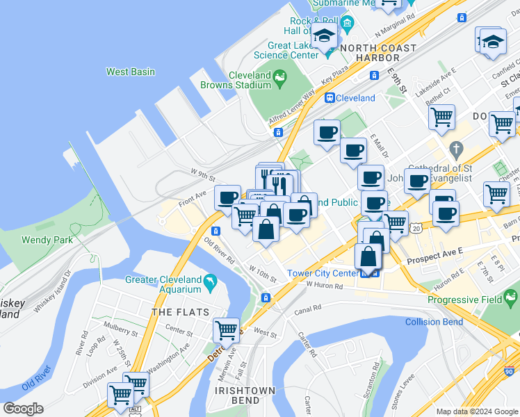 map of restaurants, bars, coffee shops, grocery stores, and more near 711 West Lakeside Avenue in Cleveland
