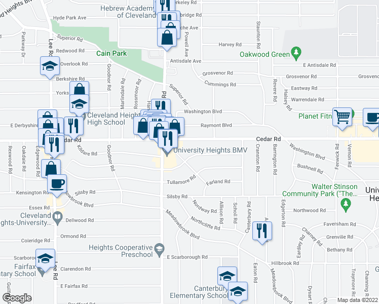 map of restaurants, bars, coffee shops, grocery stores, and more near 3521 Cedarbrook Road in Cleveland Heights