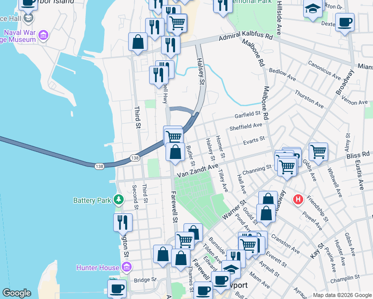 map of restaurants, bars, coffee shops, grocery stores, and more near 18 Butler Street in Newport