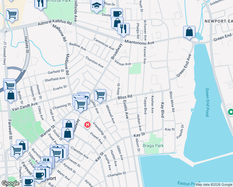 map of restaurants, bars, coffee shops, grocery stores, and more near 12 Almy Street in Newport