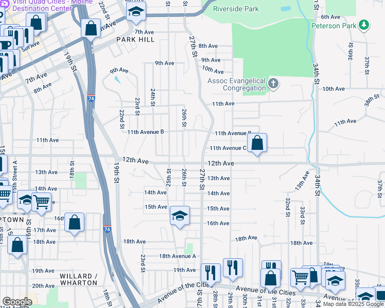 map of restaurants, bars, coffee shops, grocery stores, and more near 1187 26th Street A in Moline