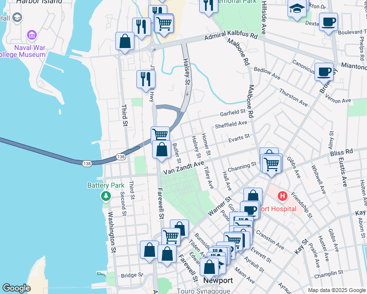 map of restaurants, bars, coffee shops, grocery stores, and more near 16 Prescott Hall Road in Newport
