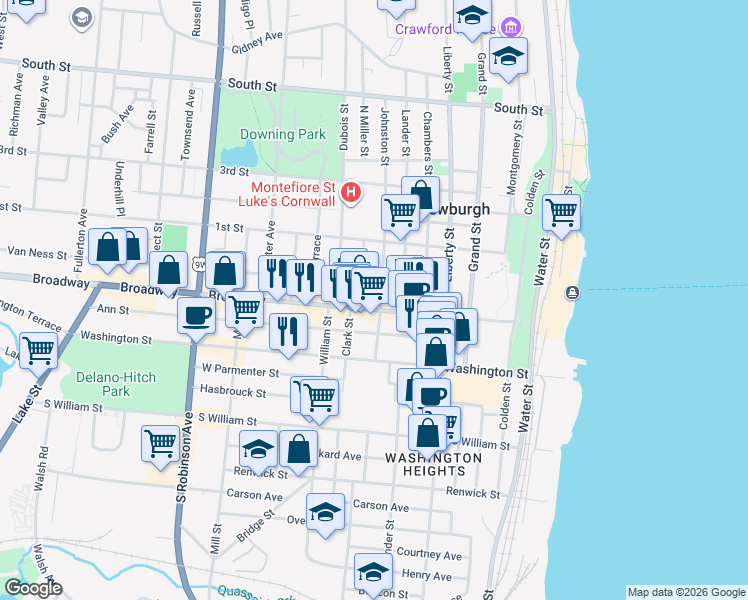 map of restaurants, bars, coffee shops, grocery stores, and more near 168 Broadway in Newburgh
