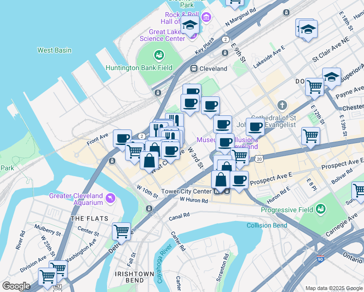 map of restaurants, bars, coffee shops, grocery stores, and more near 310 West Saint Clair Avenue in Cleveland