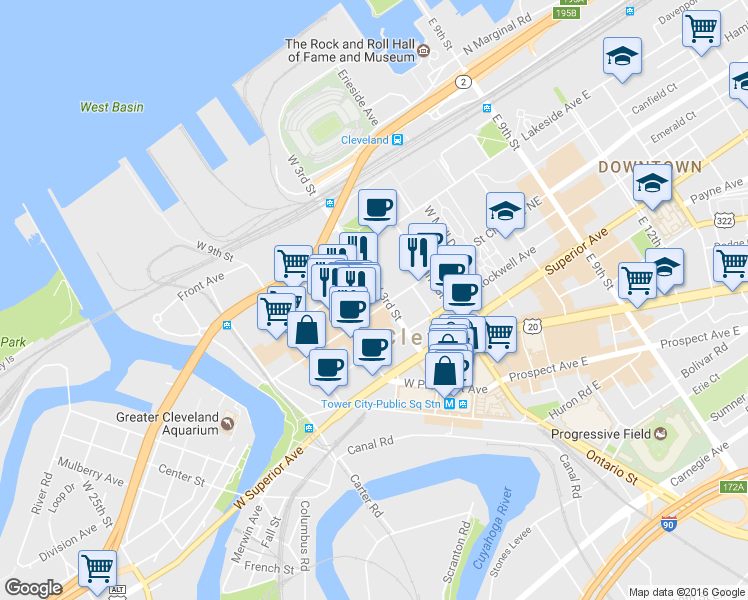 map of restaurants, bars, coffee shops, grocery stores, and more near 310 Saint Clair Avenue Northeast in Cleveland